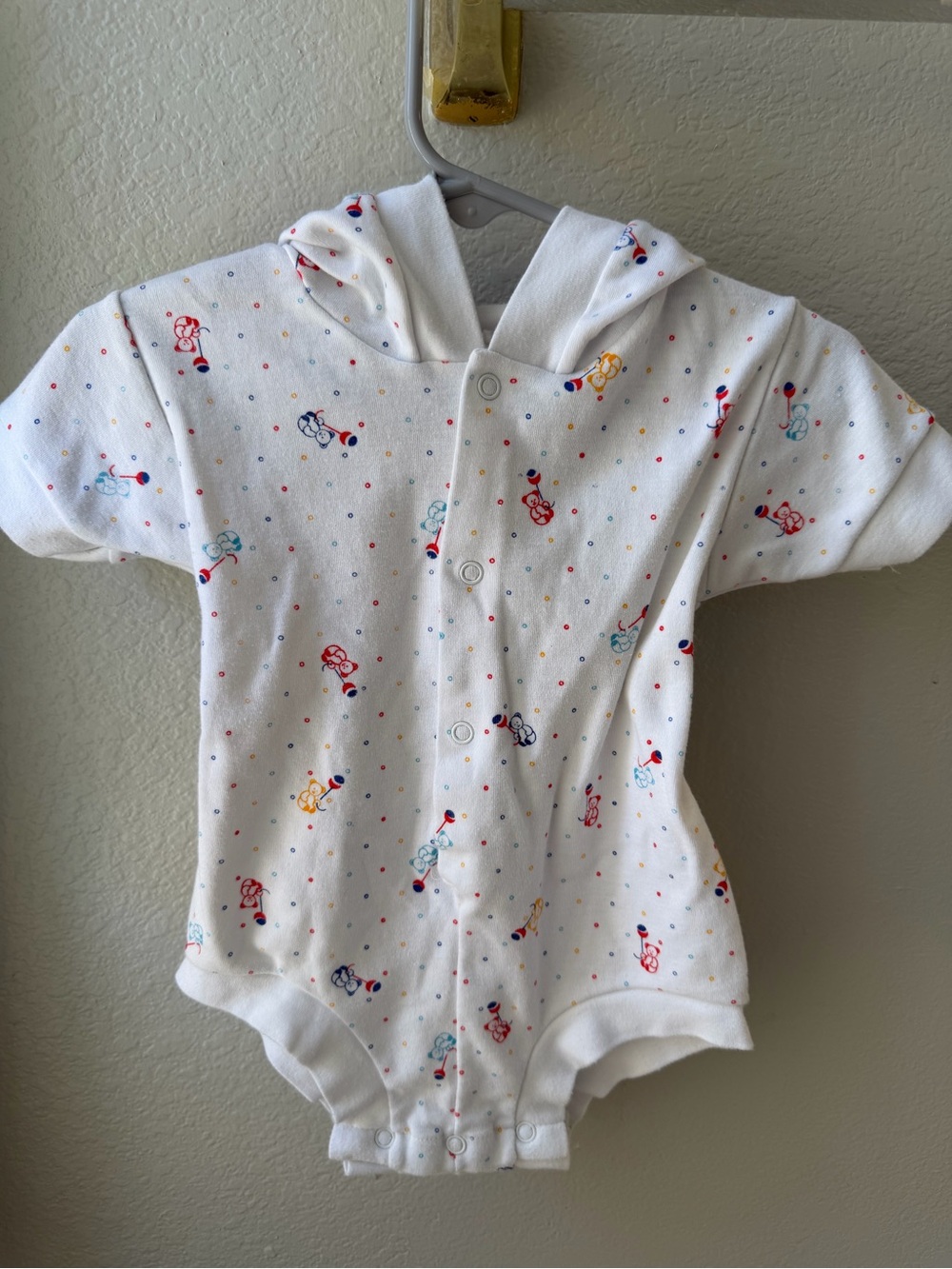 White Hooded Baby One-Piece with Multicolor Dot & Toy Print
